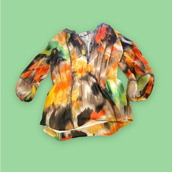 Calvin Klein Fall Colors Abstract Orange Green Black Polyester Sheer Lined Med - Picture 1 of 7